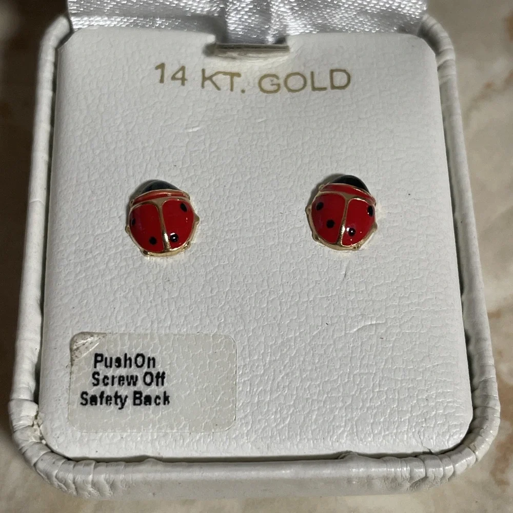14 Kt. Gold‎ Enamel Lucky Lady Bug Stud Earrings Screw Off Safety Back